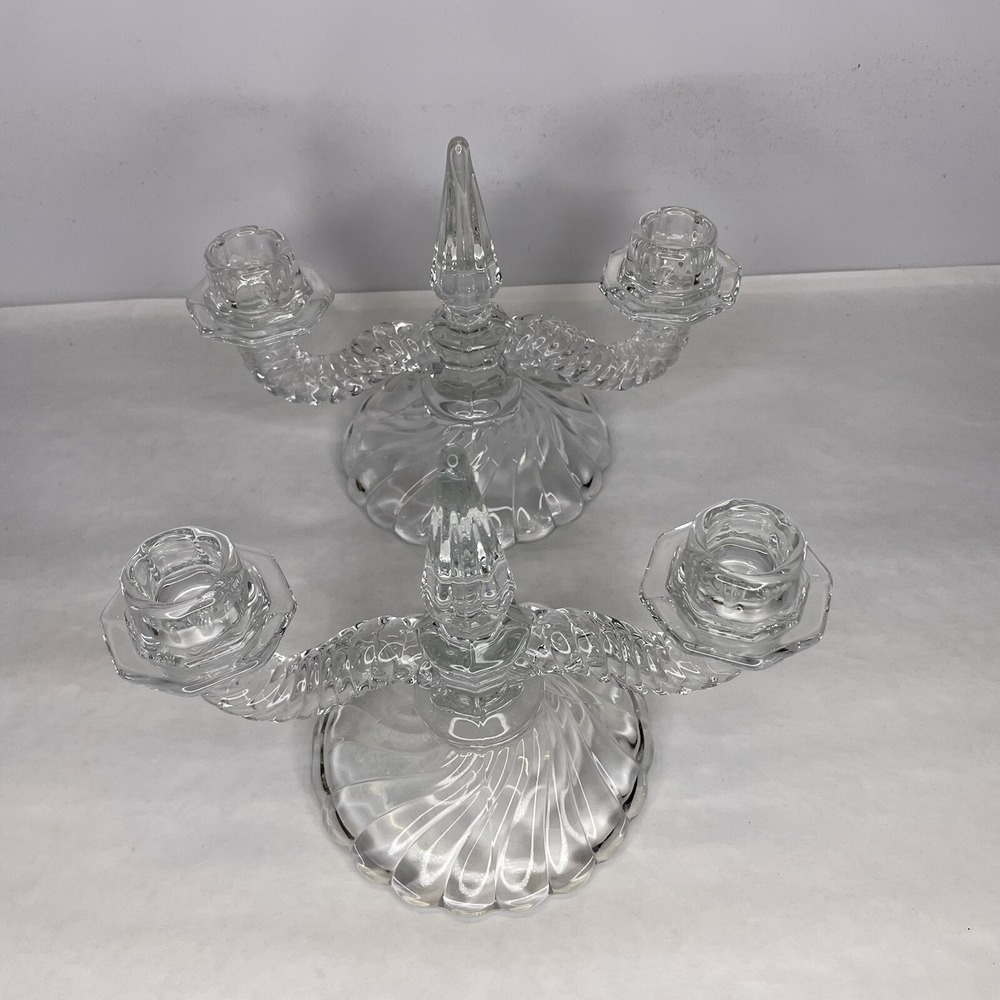 Fostoria Colony Crystal Double Candlesticks 6½"Tall With Center Sphere 8½" Wide - Picture 2 of 11